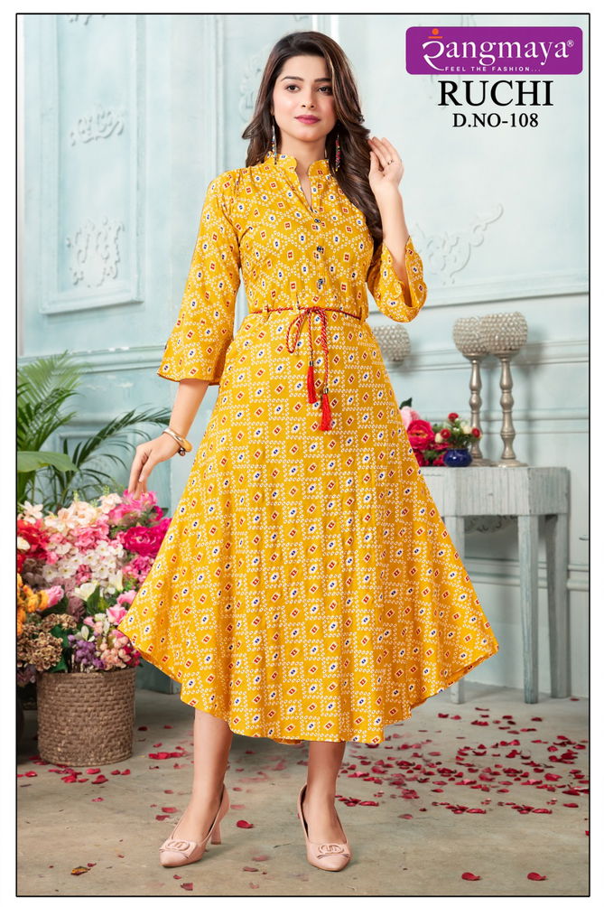 Ruchi By Rangmaya Rayon Printed Party Wear Kurtis Wholesale Shop In Surat
